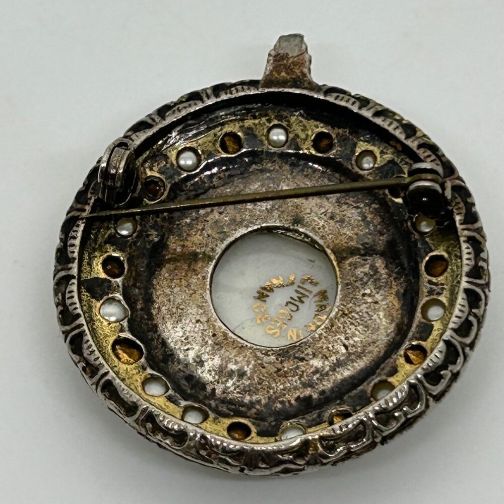 Vintage Limoges Porcelain Cameo Brooch Faux Pearls Rhinestones Hand Painted READ - Picture 10 of 16